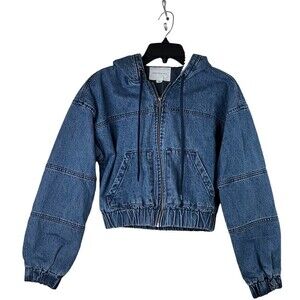 Aeropostale Blue Denim Fully Lined Hooded Bomber Crop Jacket Women's Size XS